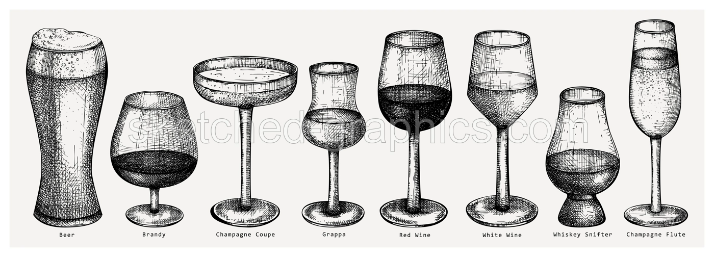 Hand-sketched alcoholic drinks illustrations set. Vector sketch of bar beverages in elegant glasses. Vintage drawing of popular alcohol drinks for pub, bar or restaurant menu isolated on white Illustration